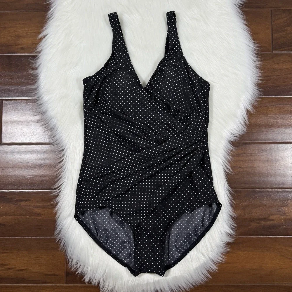 Miraclesuit‎ Size 14 Black Polka Dot Pin Point Oceanus One Piece Swimsuit